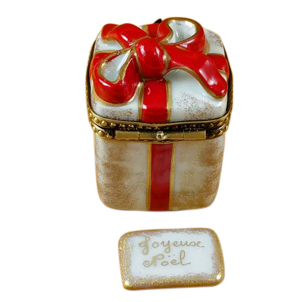 Red Ribbon Christmas Box with Plaque Limoges Porcelain Box