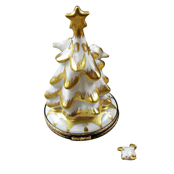White and Gold Christmas Tree with Removable Dove Limoges Porcelain Box
