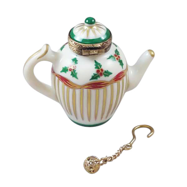Christmas Teapot with Metal Teaball Limoges Porcelain Box