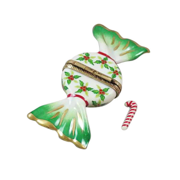 Holly Candy with Candy Cane Limoges Porcelain Box
