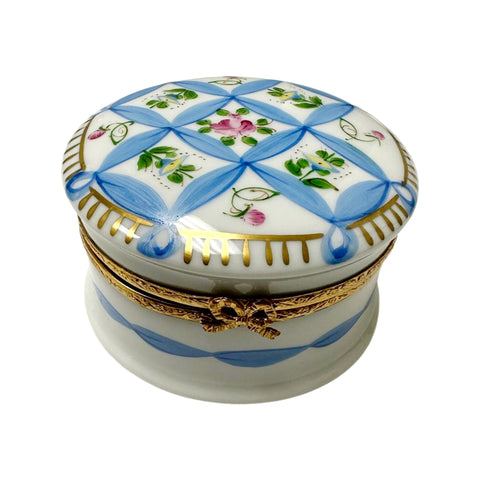Round blue Pill Porcelain Limoges Trinket Box