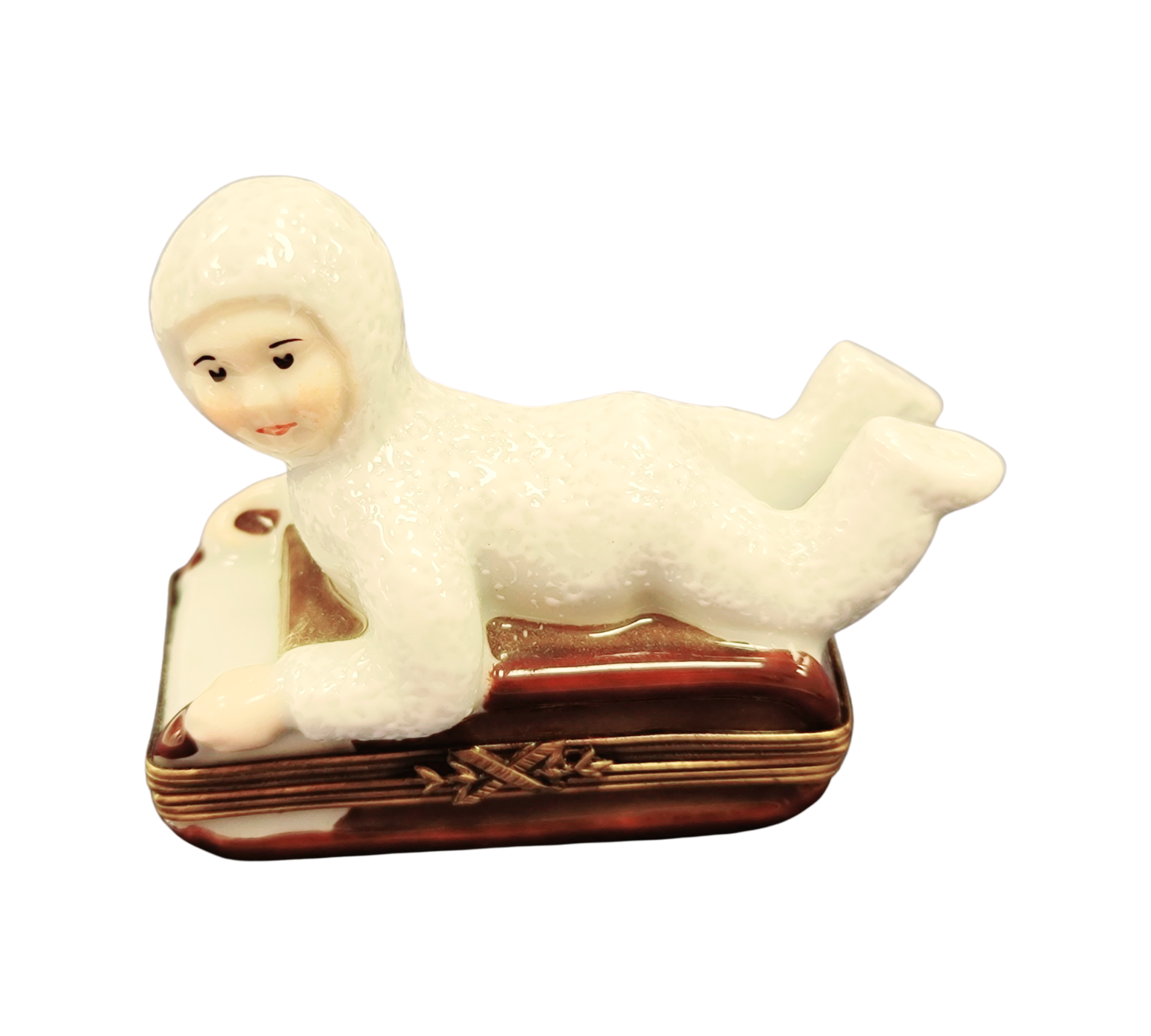 Snowbaby Kid on Sled Winter Sleigh Porcelain Limoges Trinket Box