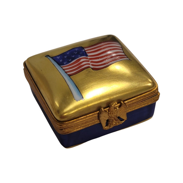 Square Patriotic American Flag United States Porcelain Limoges Trinket Box