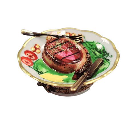 Steak Dinner on Plate Porcelain Limoges Trinket Box