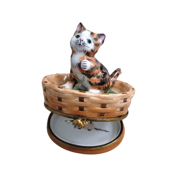 Tabby Cat in Basket Porcelain Limoges Trinket Box