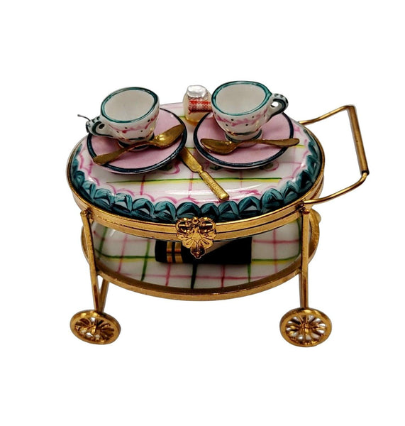 Tea Cart Light Blue Porcelain Limoges Trinket Box