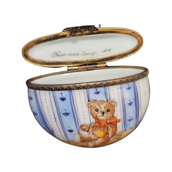 Teddy Bear Flat Round Pill Porcelain Limoges Trinket Box