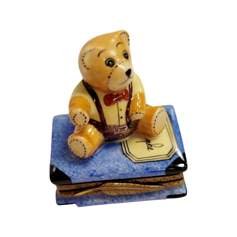Teddy Bear on Blue Book Porcelain Limoges Trinket Box