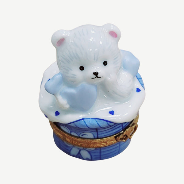 Teddy Care Bear in Laundry Basket Porcelain Limoges Trinket Box