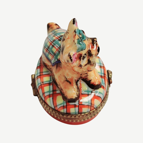 Terrier or Yorkshire Dog on Plaid Porcelain Limoges Trinket Box