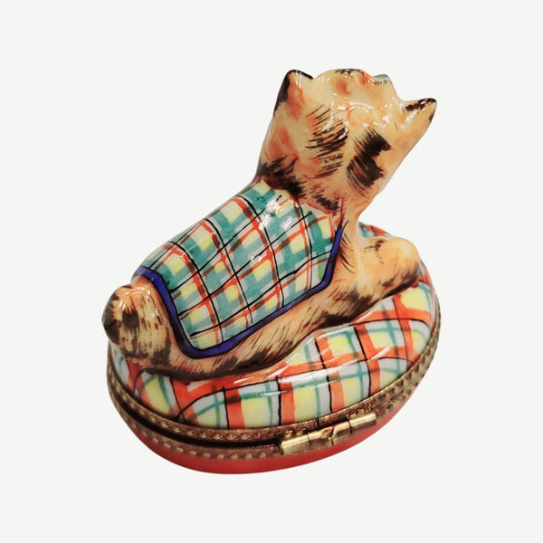 Terrier or Yorkshire Dog on Plaid Porcelain Limoges Trinket Box