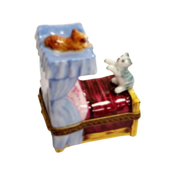 Two Cats Playing on Bed Porcelain Limoges Trinket Box