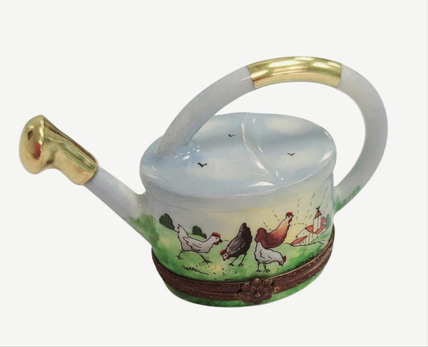 Watering Can w Chickens Porcelain Limoges Trinket Box