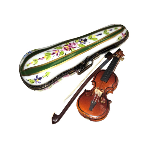 Wood Violin in Green Case Porcelain Limoges Trinket Box