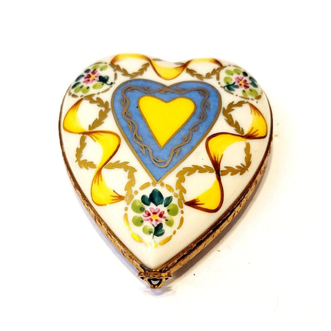 Large Gold Blue Heart w Flowers Limoges Box