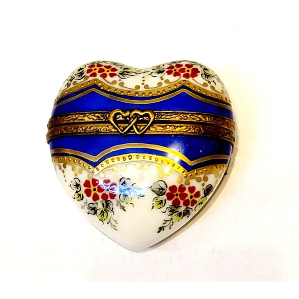 Medium Blue Gold Heart w Strip Red Flowers. Limoges Box