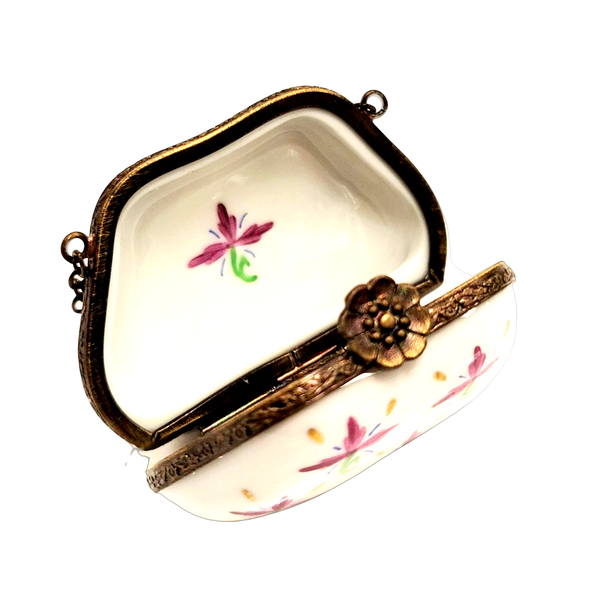 Pink Flowers on White w Special Antiqued Brass One of a Kind Hand Painted