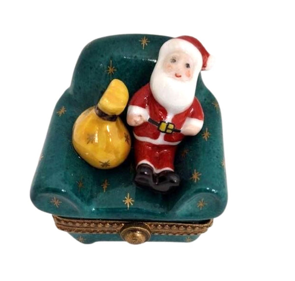 Santa Claus w Bag on Green Christmas Chair