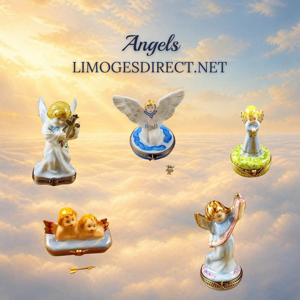 Angel Limoges boxes with a lyre angel, Angel Gabriel, blue angel, two cherubs and a nativity angel in Hand-Painted porcelain