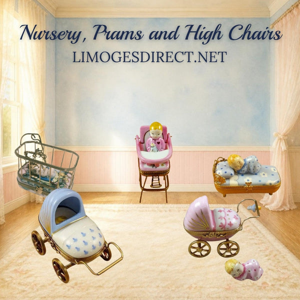Nursery Limoges boxes: baby in a playpen, pink high chair, baby in blue bed, blue pram and pink pram, Hand-Painted porcelain