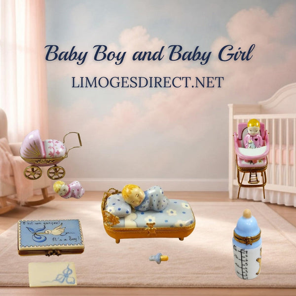 Baby Limoges boxes with a pink pram, pink highchair, blue stork, baby in a blue bed and baby bottle in Hand-Painted porcelain