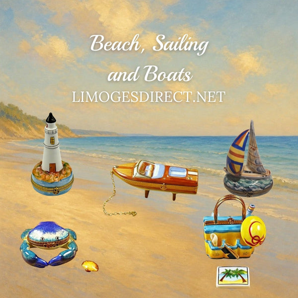 Beach and boat Limoges boxes with a lighthouse, sailboat, speed boat, blue crab and beach bag in Hand-Painted porcelain