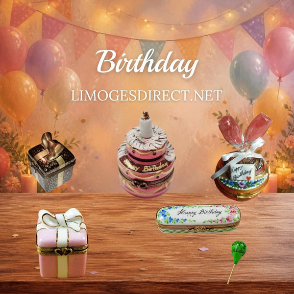 Birthday Limoges boxes with a gold bow gift, birthday cake, champagne glasses, pink gift, balloon in Hand-Painted porcelain