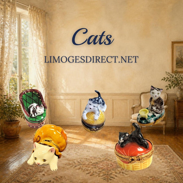 Cat Limoges boxes with a cat in a chair, a yarn cat, a teacup cat, a kitten in a bag and a black cat, Hand-Painted porcelain