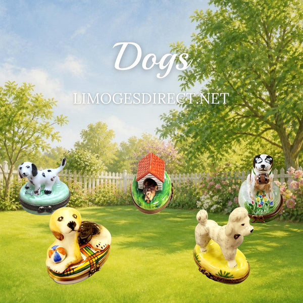 Dog Limoges boxes with a Dalmatian, dog in a doghouse, Saint Bernard, beagle with ball and poodle in Hand-Painted porcelain
