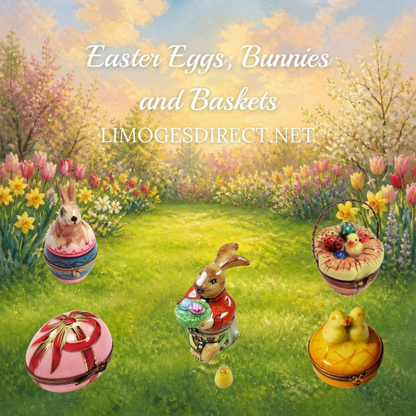 Easter Limoges boxes with a bunny on egg, Easter basket, pink egg, kissing chicks and brown bunny in Hand-Painted porcelain