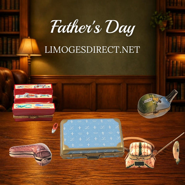 Father's Day Limoges boxes with a toolbox, golf driver, tobacco pipe, briefcase and fishing creel in Hand-Painted porcelain