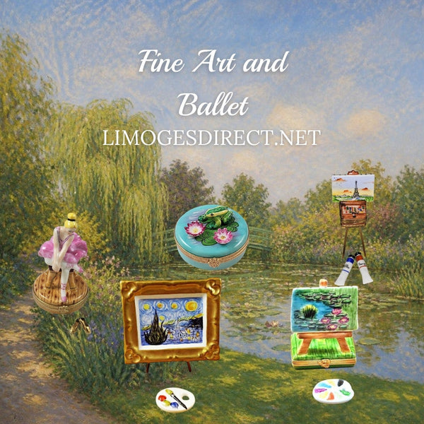 Fine Art and Ballet Limoges boxes with a ballerina, Monet frog, Starry Night frame and two easels in Hand-Painted porcelain