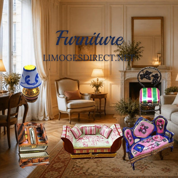 Furniture Limoges boxes with a table lamp, vanity chair, armoire, pink toile sofa and blue loveseat in Hand-Painted porcelain