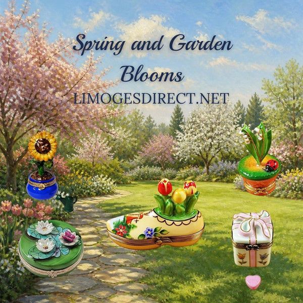 Spring garden Limoges boxes with a sunflower, lily of the valley, tulip clog, water lily, tulip box, Hand-Painted porcelain