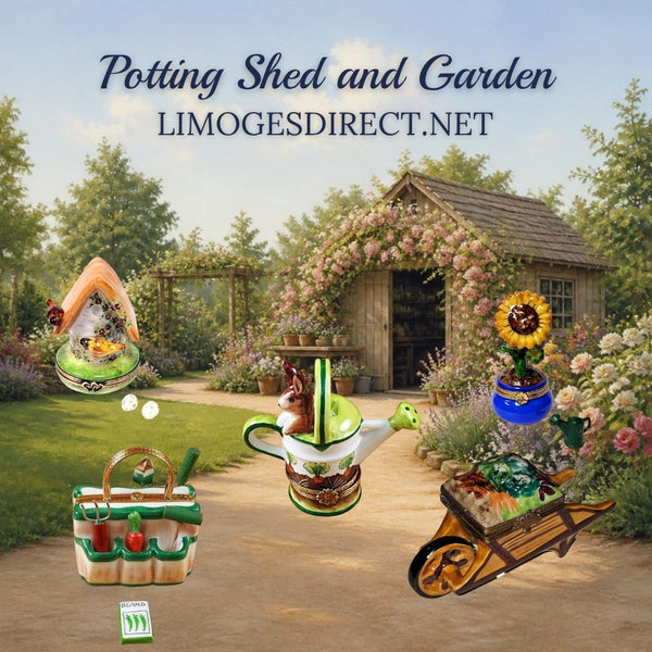 Garden Limoges boxes with a birdhouse, potted sunflower, watering can, tool bag and wheelbarrow in Hand-Painted porcelain