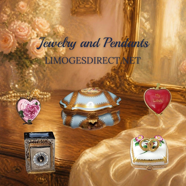 Jewelry and pendant Limoges boxes with two heart pendants, a jewelry chest, jewel safe and ring box in Hand-Painted porcelain