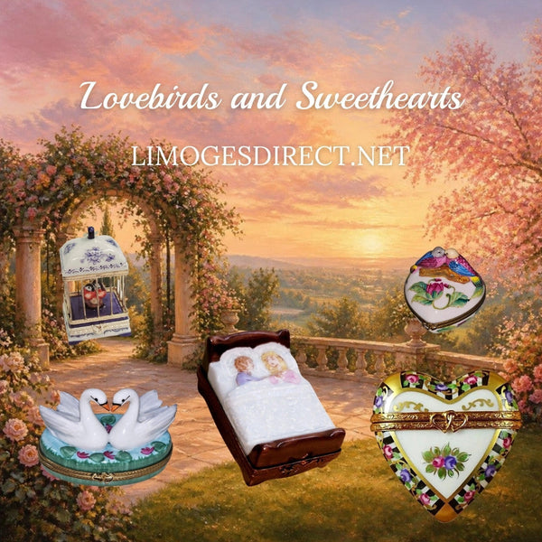 Lovebirds Limoges boxes with a birdcage, love bird heart, swans, floral heart and sweethearts in bed, Hand-Painted porcelain