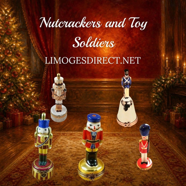 Nutcrackers and Toy Soldiers Limoges boxes with three nutcrackers, a guard bell and a toy soldier in Hand-Painted porcelain