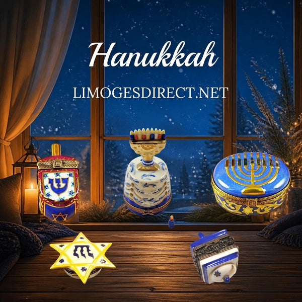 Hanukkah Limoges boxes with two menorahs, blue and maroon dreidel, white dreidel and Star of David in Hand-Painted porcelain