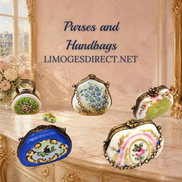 Purse Limoges boxes with forget me not, green rose, blue floral, pink and gold and round handbags in Hand-Painted porcelain