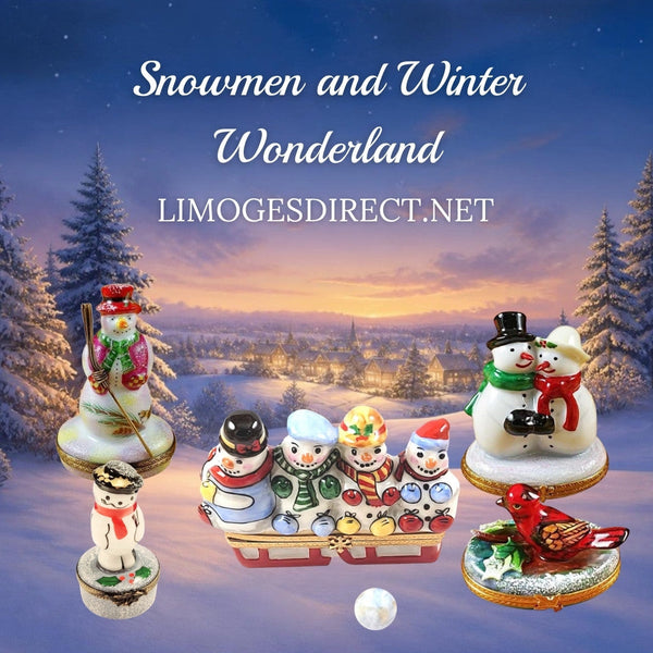 Snowmen Limoges boxes with a snowman and broom, snowmen sledding, a snowman couple and a cardinal in Hand-Painted porcelain