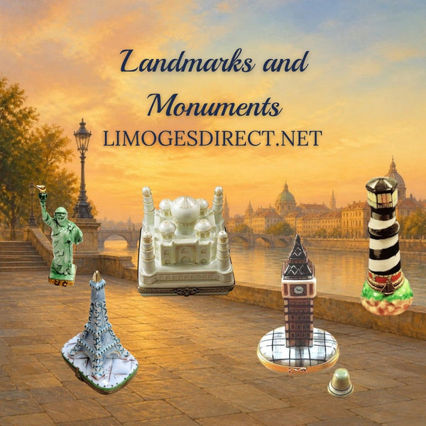 Landmark Limoges boxes with the Statue of Liberty, Eiffel Tower, Taj Mahal, Big Ben and lighthouse in Hand-Painted porcelain
