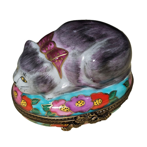 Charming Long Haired Cat Box Porcelain Limoges cat French Trinket Box