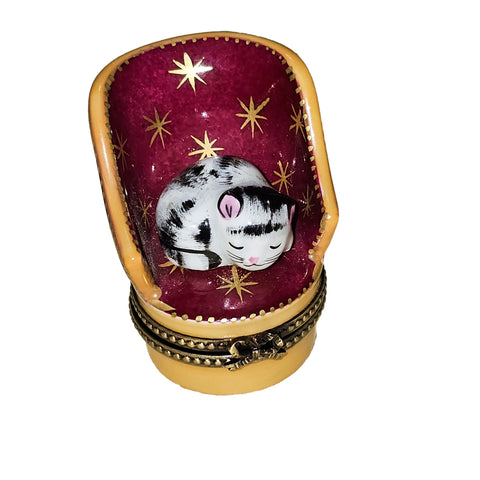 Sleeping Cat on Cozy Chair Porcelain Limoges cat French Trinket Box