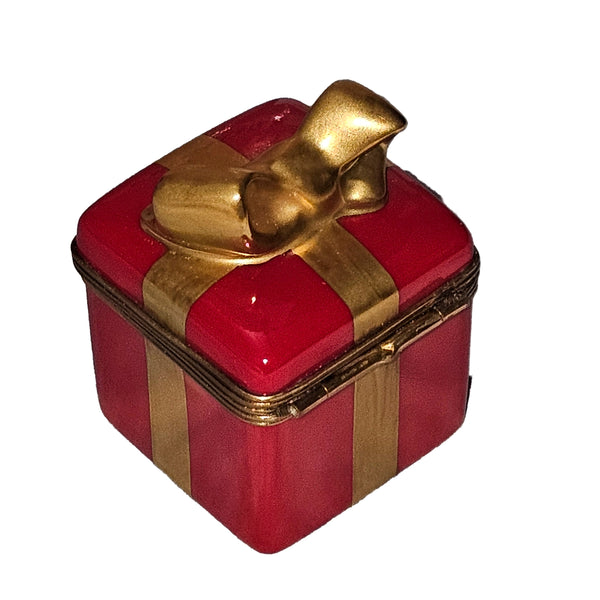 Red Gift Box with Gold Bow Porcelain Limoges special occasions birthday French Trinket Box