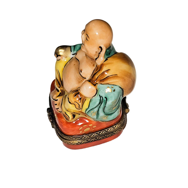 Buddha Figurine in Vibrant Robe Porcelain Limoges religious spiritual travel myth French Trinket Box