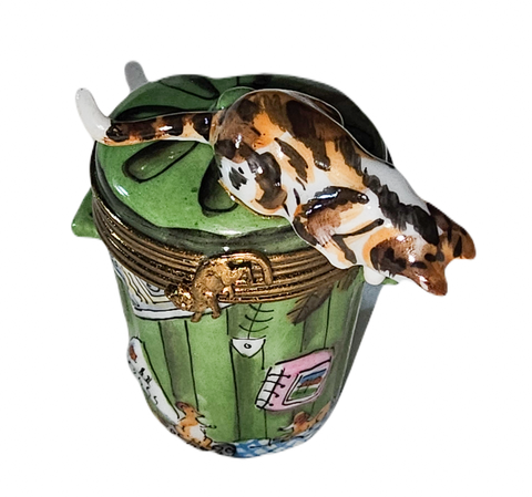 Whimsical Cat Trashcan Box Porcelain Limoges cat French Trinket Box