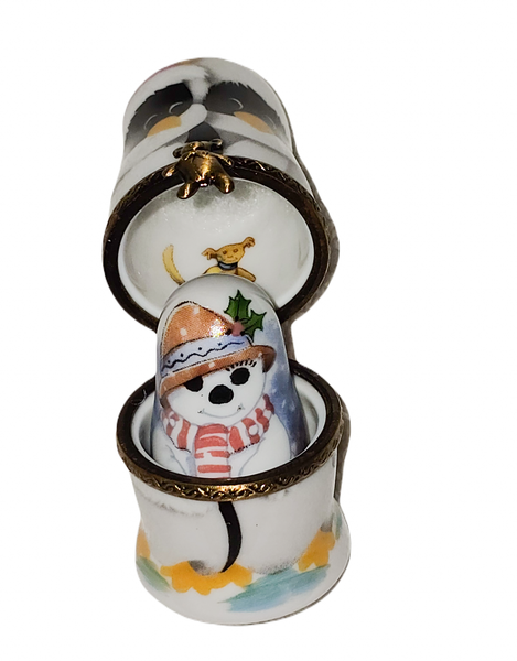 Penguin and Snowman Nesting Doll Porcelain Limoges snowman French Trinket Box