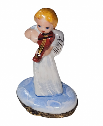 Blue Angel Playing Violin Porcelain Limoges angel French Trinket Box