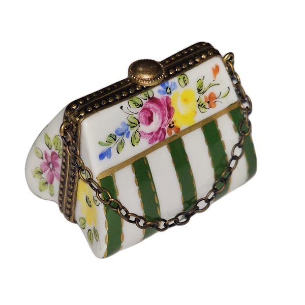Floral Green Striped Purse Porcelain Limoges purse French Trinket Box